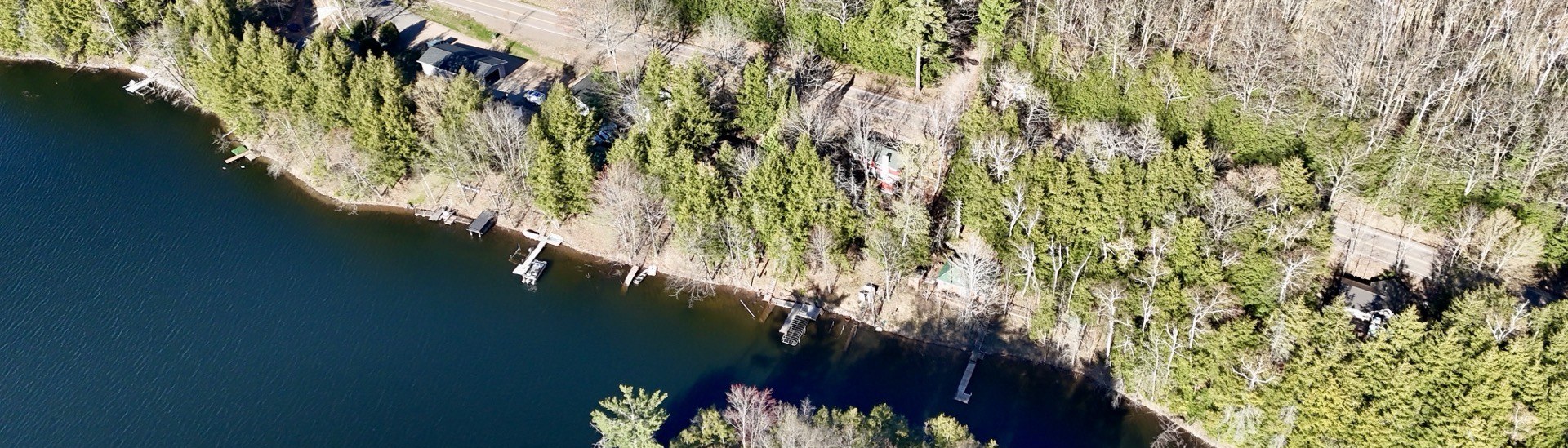 Aerial view of a Northwoods lake shoreline with forest